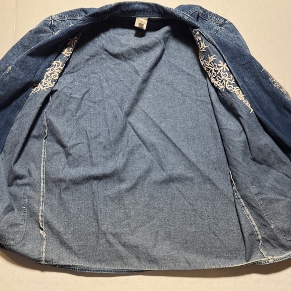 Western Silver Embroidered Denim Blazer Jacket Rhinestones Silver Buttons Size L - Picture 13 of 14